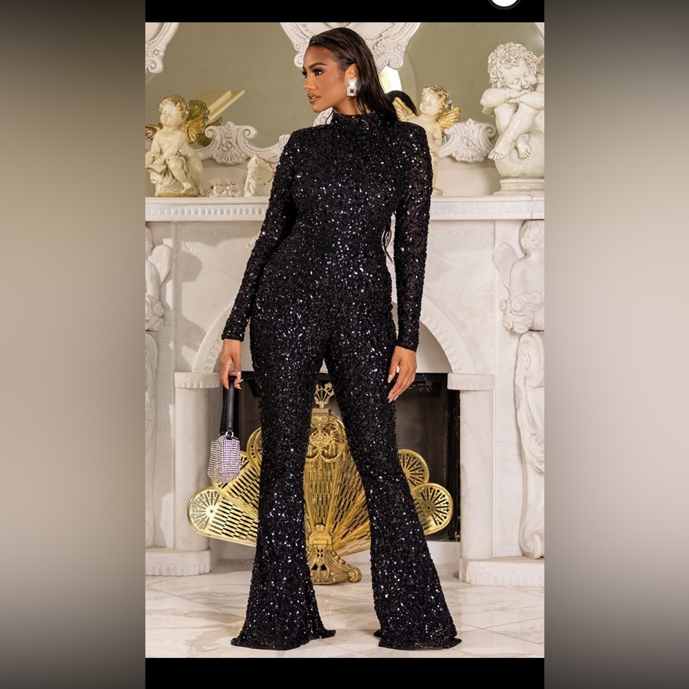 PLT PrettyLittleThing Embellished High Neck Shoulder Pad Jumpsuit Sz 8 BNWOT